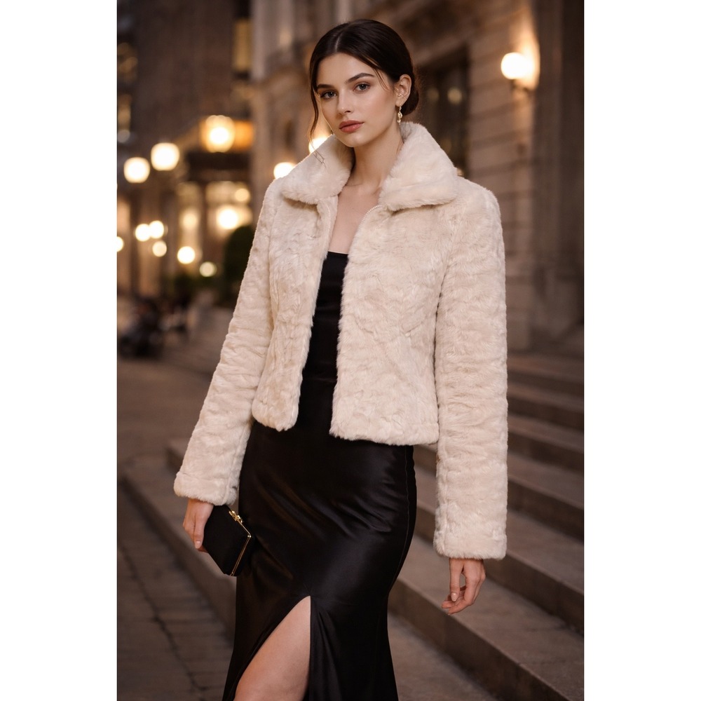 Ivory Faux Fur Jacket Bridal Prom Luxe Old Money Winter White Soft Coat Sz M